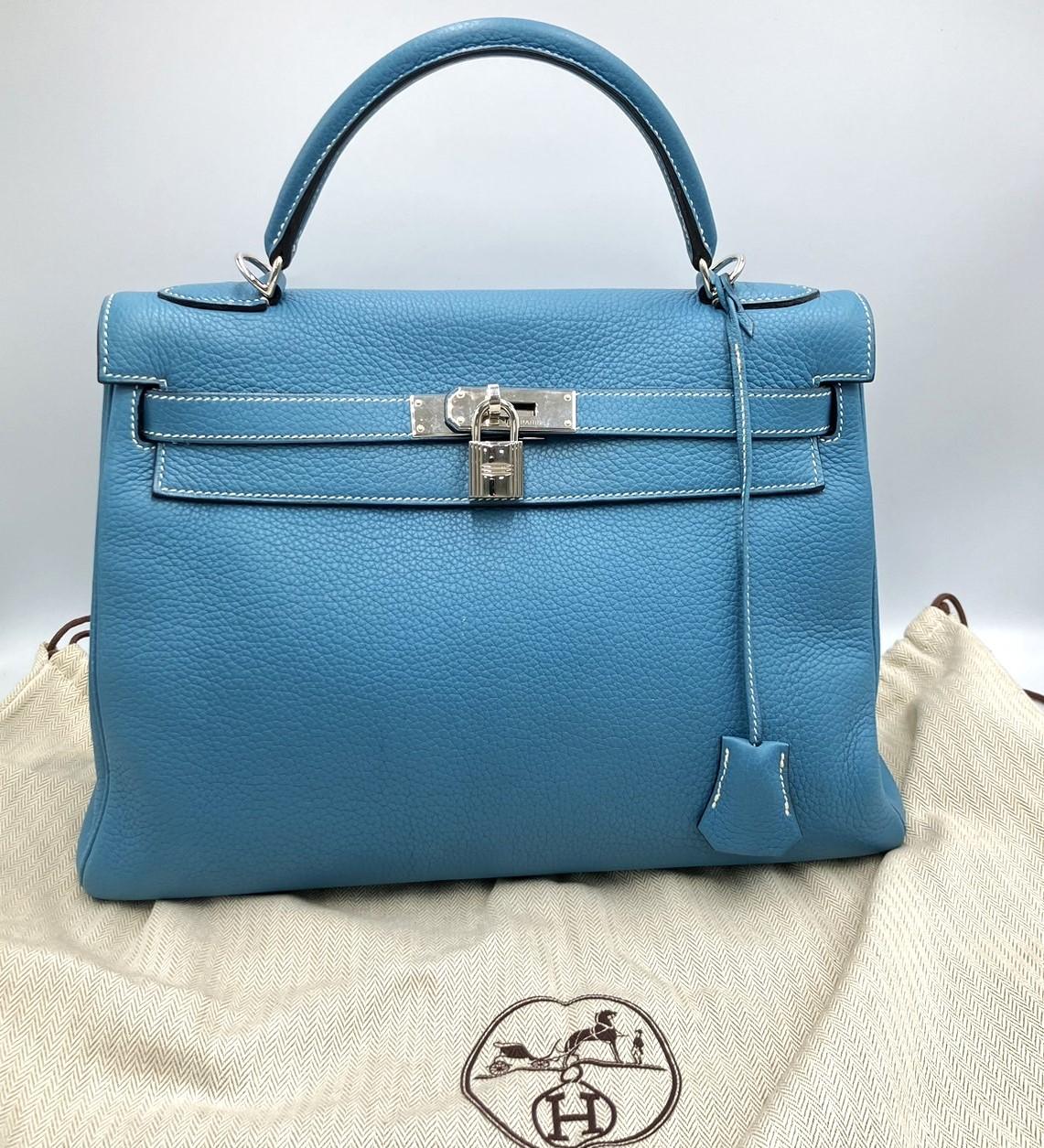  HERMES　エルメス ケリー32 内縫い □J刻 　トゴ ブルージーン SV金具　ショルダーストラップなし