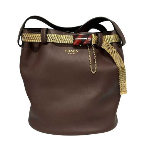 PRADA プラダ 1BE085 バックル付きレザーバケットバッグ